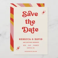 Retro Groovy 70s Cute Ivory Red Pink Wedding Save The Date