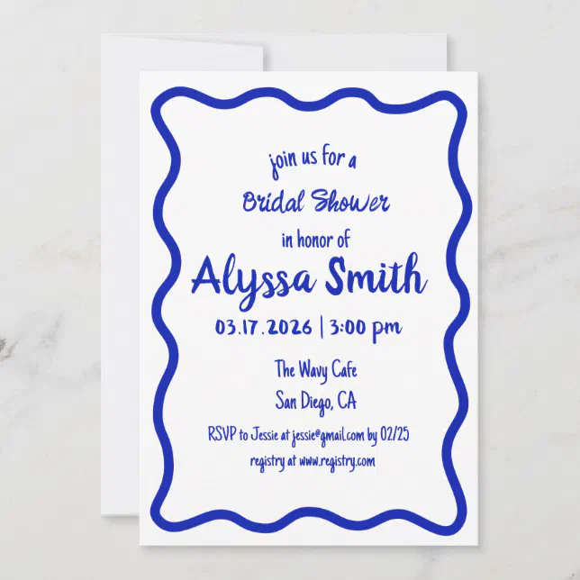 Handwritten Wavy Border Blue & White Bridal Shower Invitation