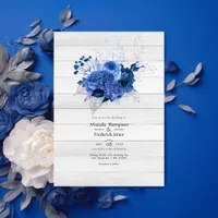 Rustic Royal Blue & Silver Floral Wedding Invitation