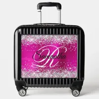 Silver Glitter Hot Pink Foil Fancy Monogram Luggage