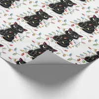 Funny Black Cat Christmas Lights Wrapping Paper