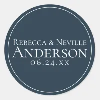 Simple Elegant Modern Navy Blue Text Wedding Classic Round Sticker