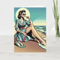 1950's Retro Woman Kicking Her Shoes off at Beach Card