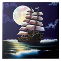 Illuminated Ship on the Ocean under the Moon Ceramic Tile