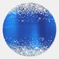 Silver Glitter Metallic Royal Blue Blank Classic Round Sticker