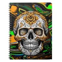 Black Orange and Lime Green Sugar Skull Art Notebook