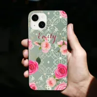 Vintage Pink Roses On Gold Teal Damask Custom Name Case-Mate iPhone 14 Case