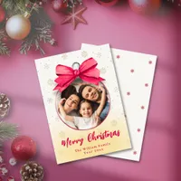 Cute Red Bow Photo Ornament Christmas Family Name Holiday Card