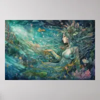 Mermaid resting within a reef poster