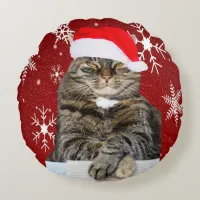 Christmas Cat Humbug Photo with Santa Hat Round Pillow