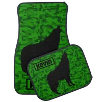 Modern Green Camo Black Wolf Silhouette Monogram | Car Floor Mat