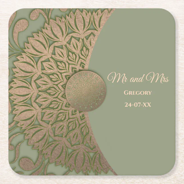 Elegant Modern Sage green & gold classic Square Paper Coaster
