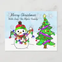 Cute Whimsical Snowman with Christmas Lights Postcard