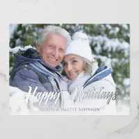 Casual Modern Script Happy Holidays Winter Photo Foil Holiday Postcard