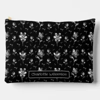 Floral Pattern Black And White Name Cosmetics Bag