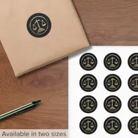 Upscale Black and Gold Scales of Justice Classic Round Sticker