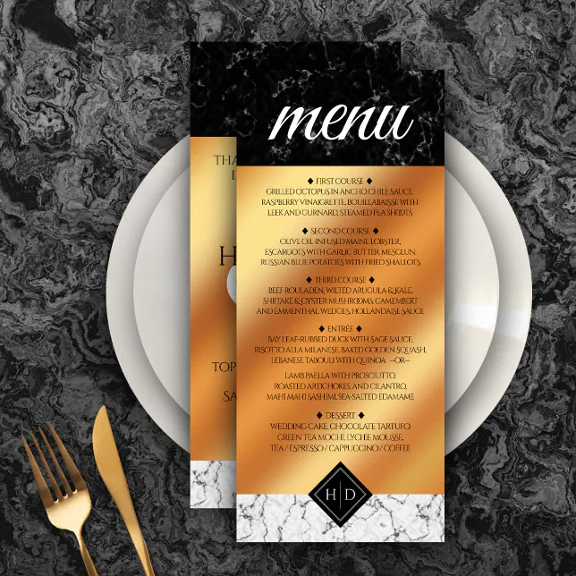 Elegant Marble & Copper Foil Wedding Menu