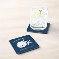 Coastal Beach Navy Blue Starfish Sand Dollar Beverage Coaster