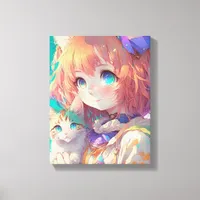 Anime Girl Holding an Adorable Kitten Canvas Print