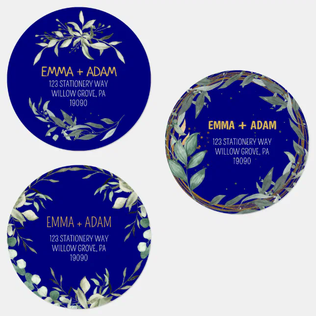 Simple Eucalyptus Greenery Navy Blue and Gold Labels