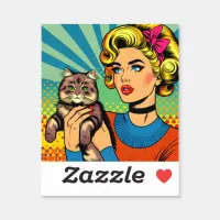 Cartoon Comic Pop Art Women Holding Cat Sticker