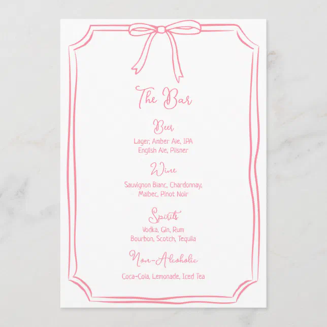 Whimsical Hand Drawn Bow Girly Coquette Pink Menu