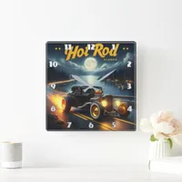 Classic hot rod cruising along a moonlit lake square wall clock