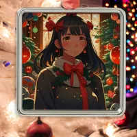 Festive Anime Girl on Christmas Night Metal Ornament