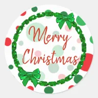 Merry Christmas White, Red Green Polka Dots Classic Round Sticker