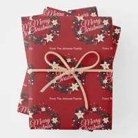 Merry Christmas Wreath Red Poinsettia Family Name Wrapping Paper Sheets