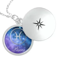 Grey Zodiac Pisces & sign on blue galaxy | Locket Necklace