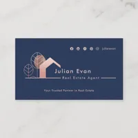 Modern Rose Gold House Icon Navy Blue Real Estate Business Card