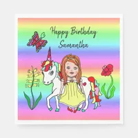 Personalize Princess and Unicorn Rainbow Birthday Napkins