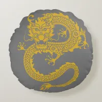 Grey, Gold & Black, Chinese Dragon Zodiac | Round Pillow