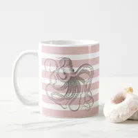 Steampunk Vintage Octopus on Nautical Pink Stripes Coffee Mug