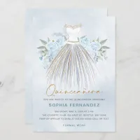 Dusty Blue gold glitter Floral Dress Quincea&#241;era Invitation