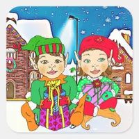 Boy and Girl Elves Christmas Square Sticker