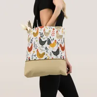 Roosters and Chickens Doodle Style Color Block Tote Bag