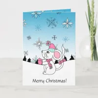 Personalized Cute Cartoon Mouse Eating a Snowflake Card