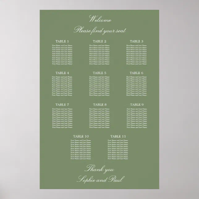 Sage Green 11 Table Wedding Seating Chart Poster