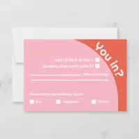 You in? Bold Retro Pink & Orange Bright Wedding RSVP Card