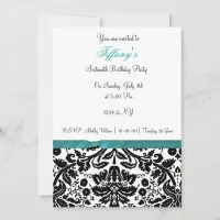 aqua damask Sweet Sixteen party Invitation