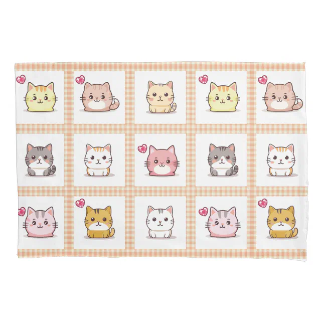 Assorted Kittens Vintage Salmon Gingham Pillow Case