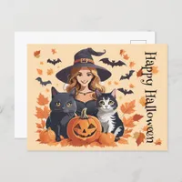 Witch Cats Bats & Pumpkins Halloween Postcard