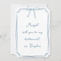 Be my bridesmaid? Dusty Blue Elegant Bow Proposal Invitation