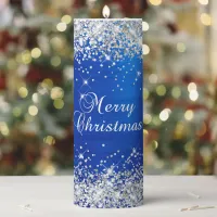 Silver Glitter Royal Blue Foil Merry Christmas Pillar Candle