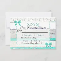 Turquoise Teal Gray Rustic Wood Wedding RSVP card
