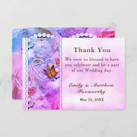 Pearl Heart Pink Roses Butterfly Wedding Thank You Card