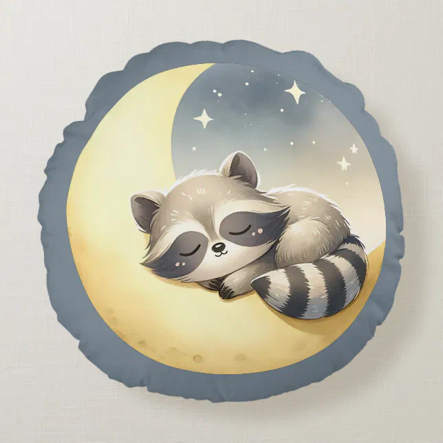 Raccoon on the Moon! Cute Starry Woodland Nursery  Round Pillow