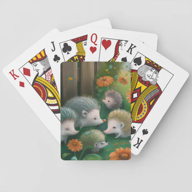 Whimsical Hedgehog Family Picnicking in the Garden Poker Cards